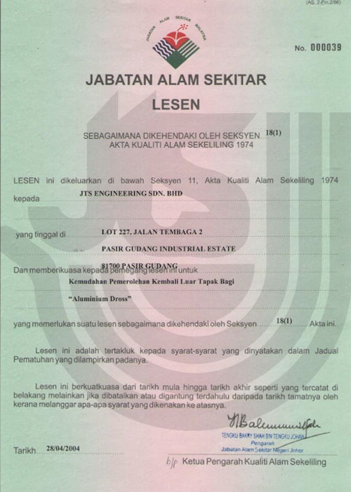 Jabatan Alam Sekitar License - Aluminium Dross Jabatan Alam Sekitar License - Aluminium Dross