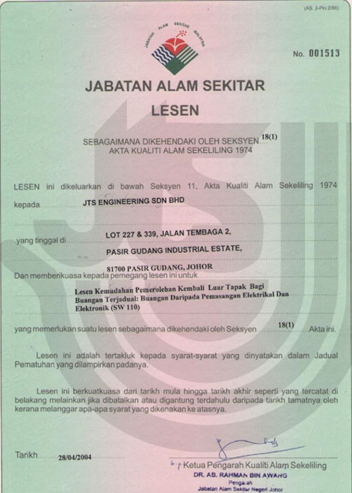 Jabatan Alam Sekitar License (SW110) Jabatan Alam Sekitar License (SW110)
