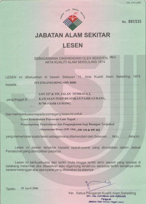 Jabatan Alam Sekitar LicenseĀ (SW104, SW110, SW422) Jabatan Alam Sekitar LicenseĀ (SW104, SW110, SW422)